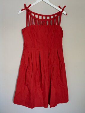 eShakti Red Cotton Dress with Neckline Detail